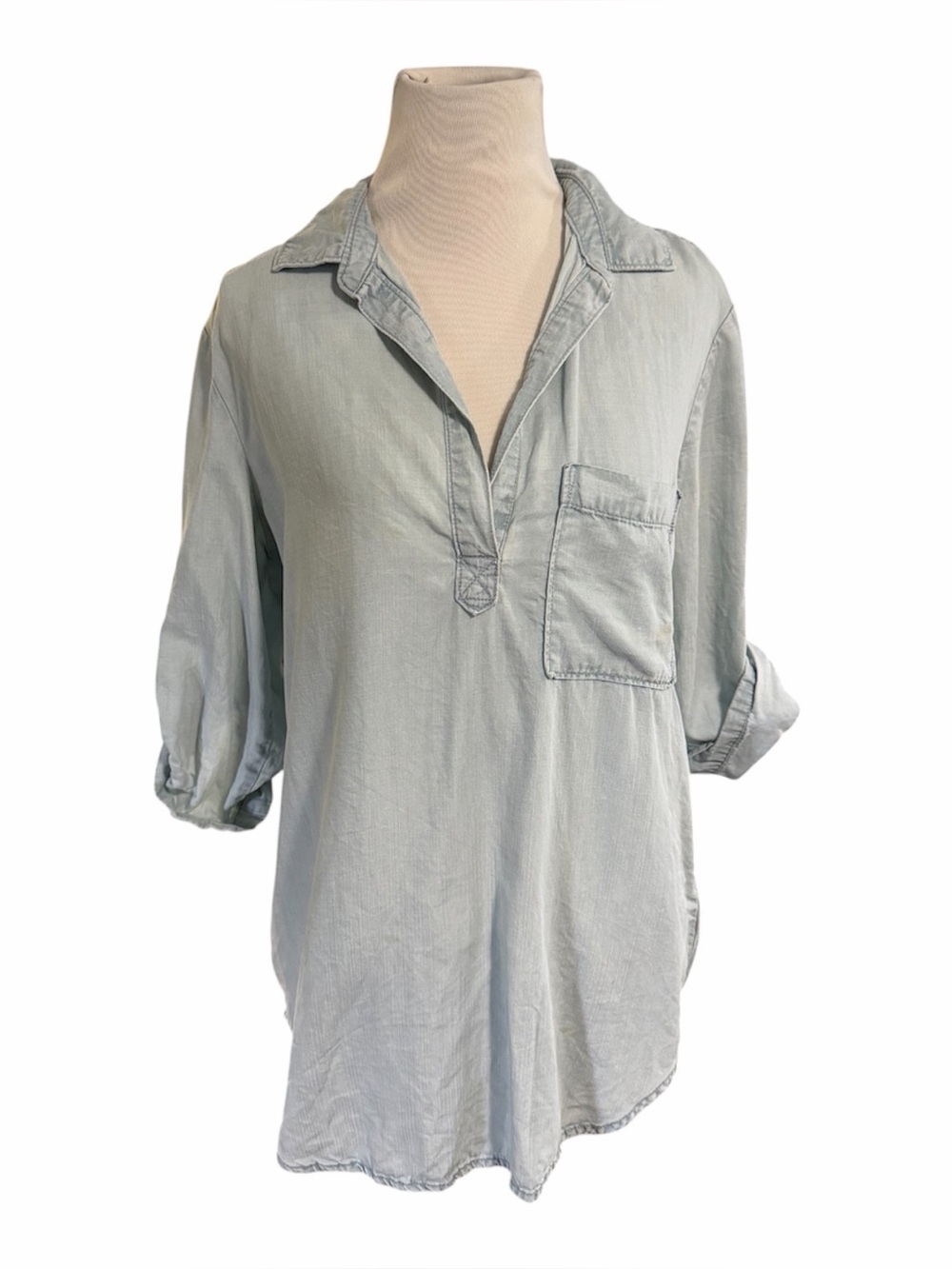 Cloth & Stone Tencel Split Neck Chambray Pullover Shirt S Roll-Tab Sleeve